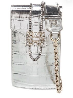 Roger Vivier Silver Croc-Embossed Phone Crossbody with Crystal Buckle